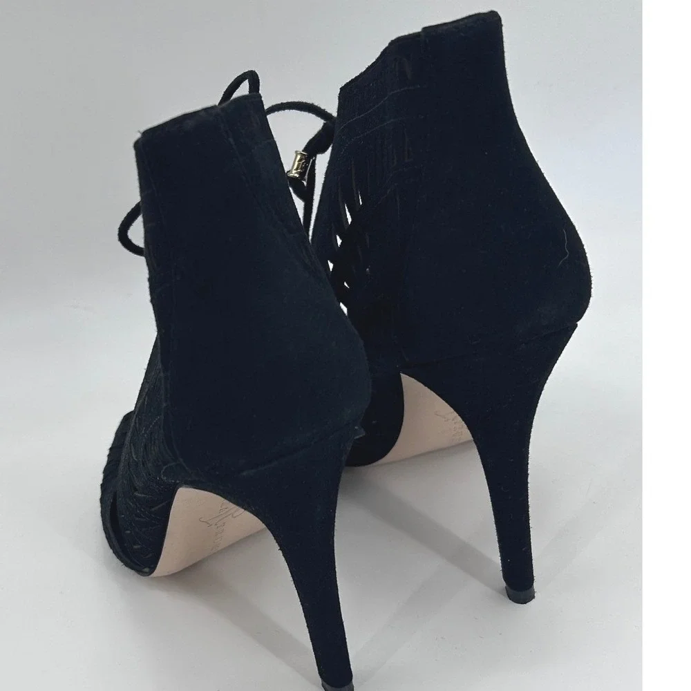 Ivanka Trump Delfino Suede High Heel Sandal Size 7.5 Black Peep Toe Laser Cut